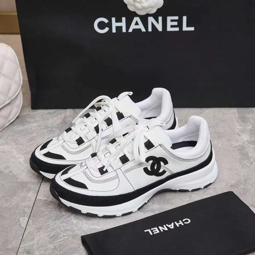 Chanel Lace Up Sneakers White Black view 5