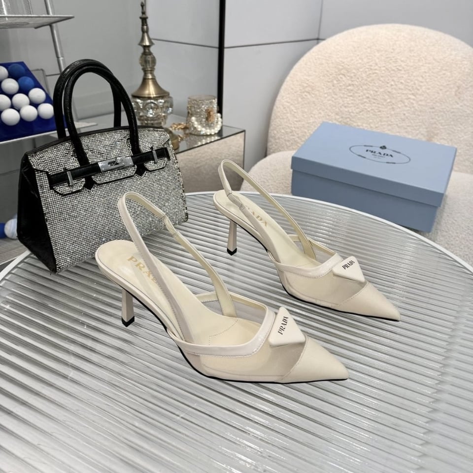 Prada Mesh Fabric Slingback Pumps White 1I891N 099 F0009 F 075 view 5