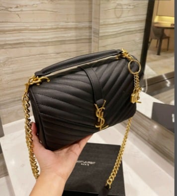 Ysl College Medium Chain In Quilted Leather Black Gold view 7