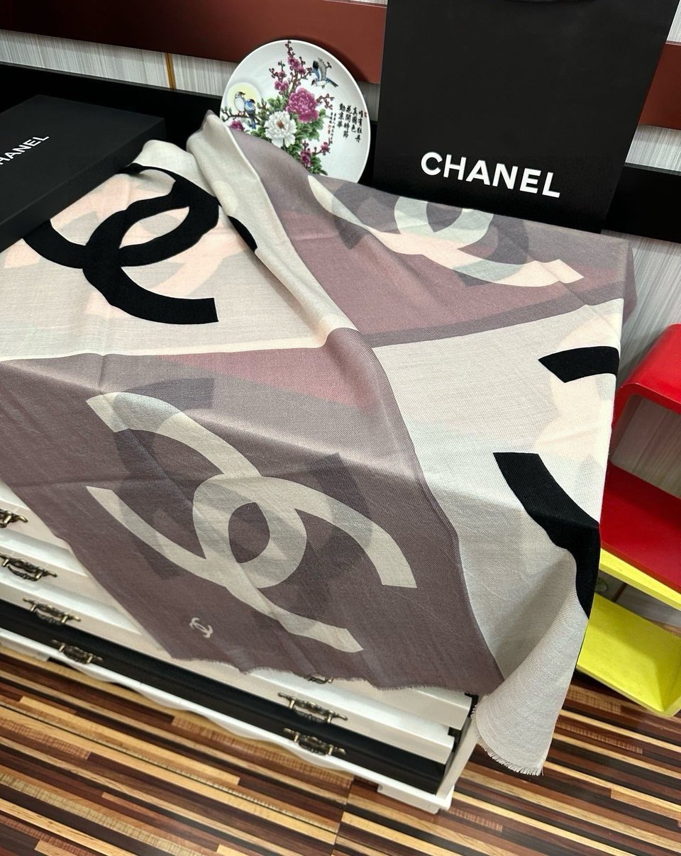 Chanel Silk Shawl CC Logo Colorblock Grey – White For Women 200cm view 4