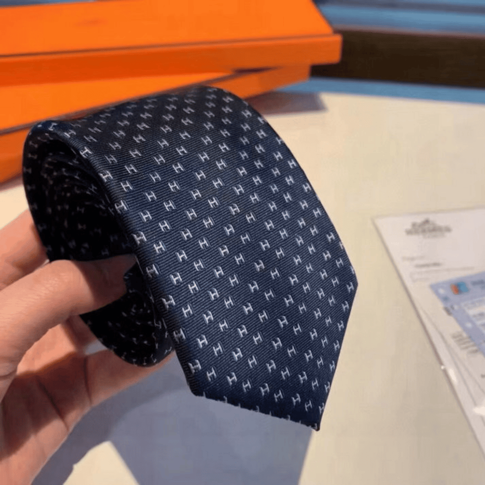 Hermes Navy Blue Mini H Pattern Canvas Tie For Men view 5