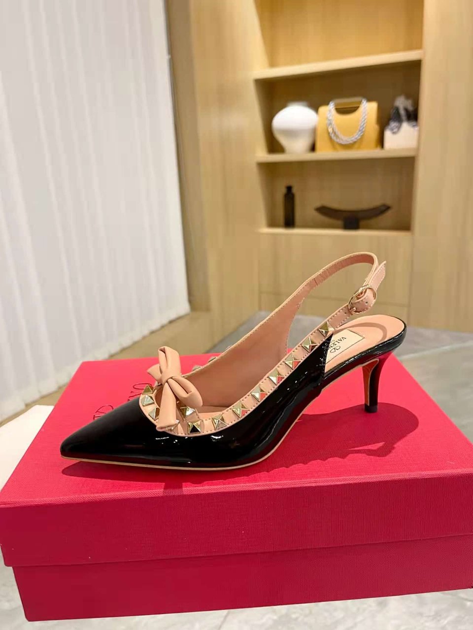 Valentino Rockstud Bow Slingback Pump In Patent Leather With Matching Studs Beige And Black view 5
