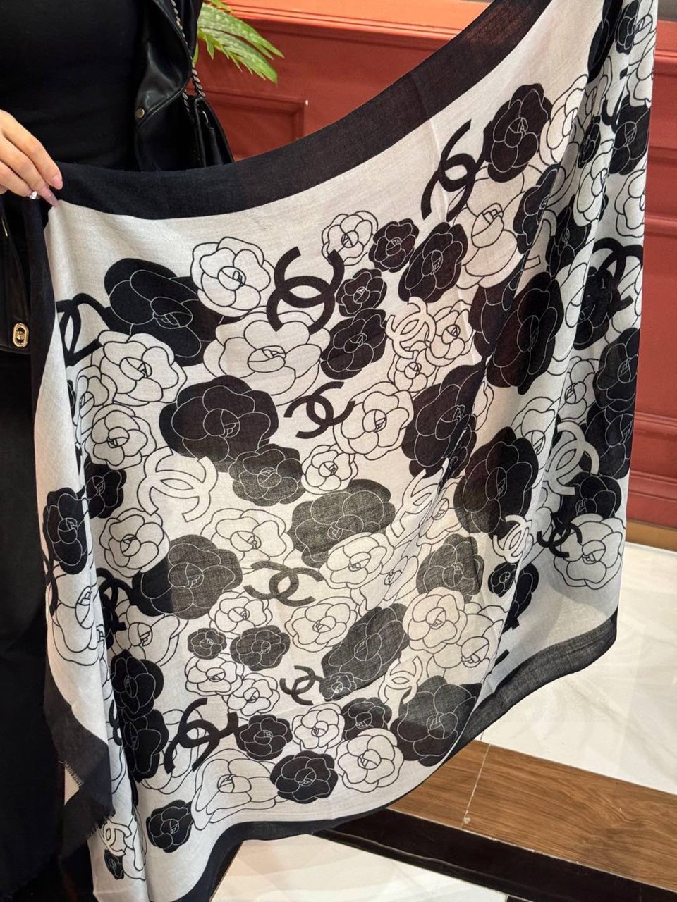 Chanel Silk Shawl Camellia Motif White-Black For Women 200cm view 5