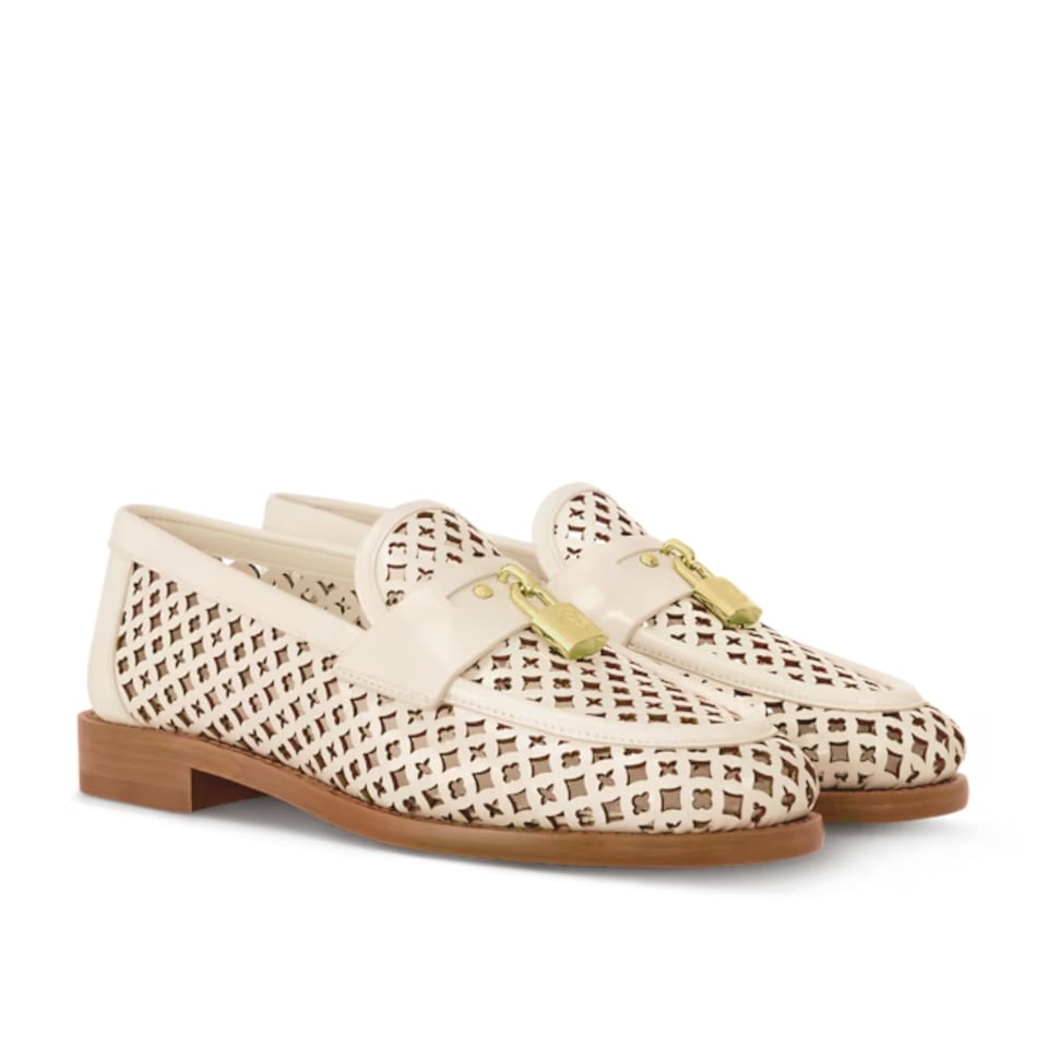 Louis Vuitton Chess Flat Loafer White Monogram Embroidered with Gold Padlock 1AGXRV view 2