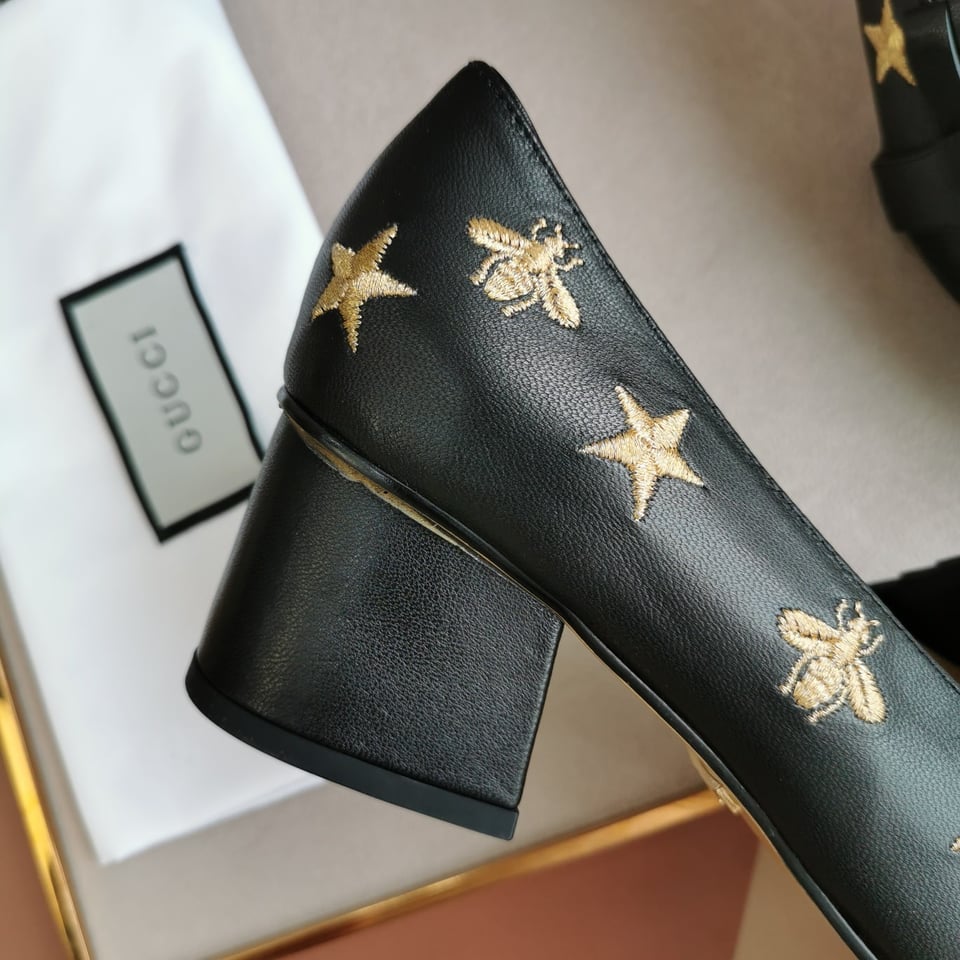 Gucci Embroidered Bee Star Leather Mid-Heel Pump Black view 6