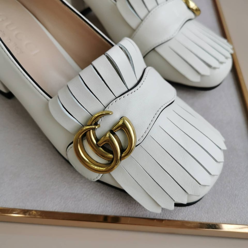 Gucci Wmns White Leather Mid-Heel Pump view 3