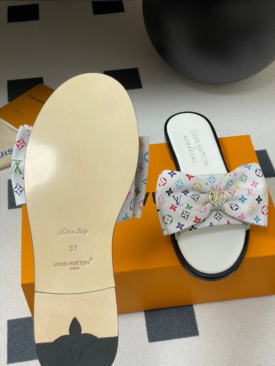 Louis Vuitton x Takashi Murakami Lily Flat Mule Bow Slide Sandals White 1AGVYA view 11