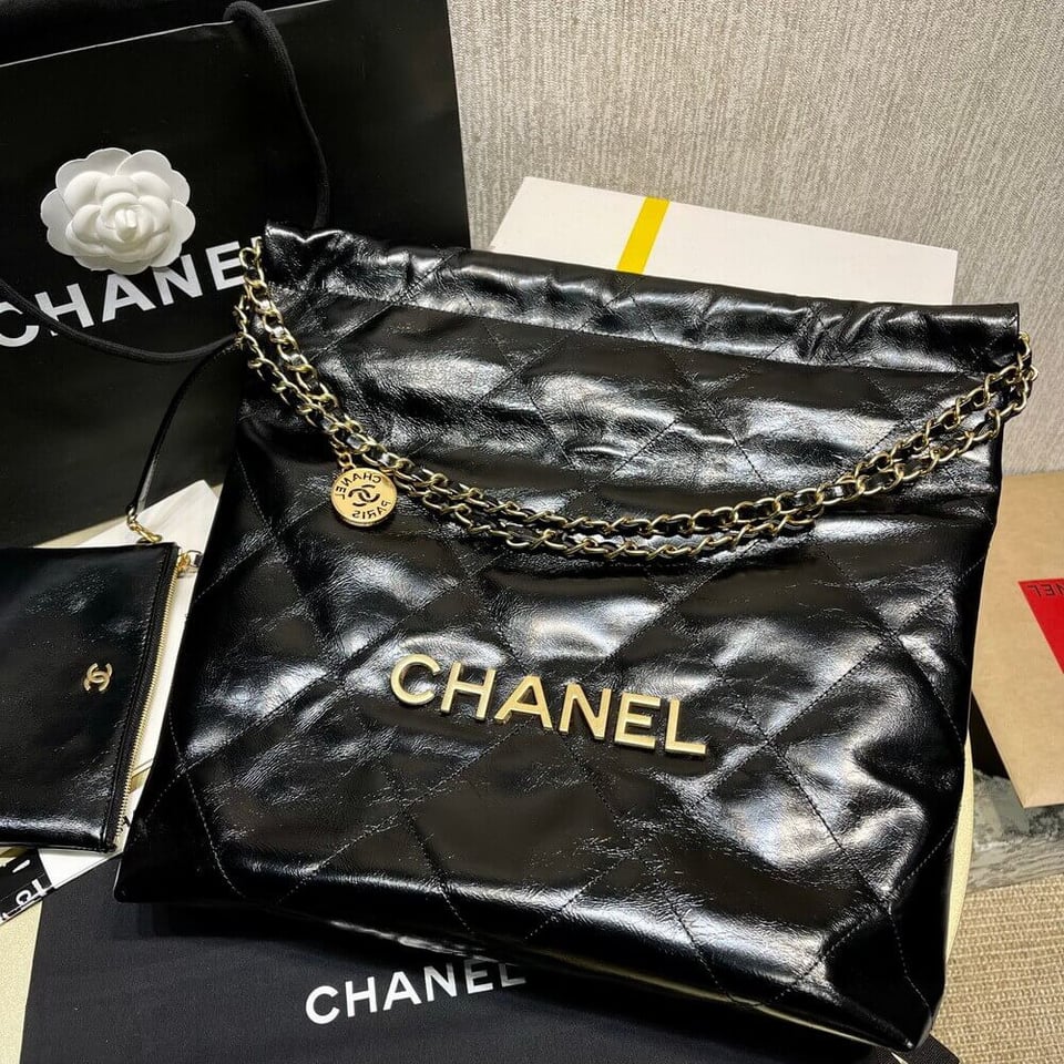 Chanel 22 Small Handbag Shiny Calfskin Black Gold view 3