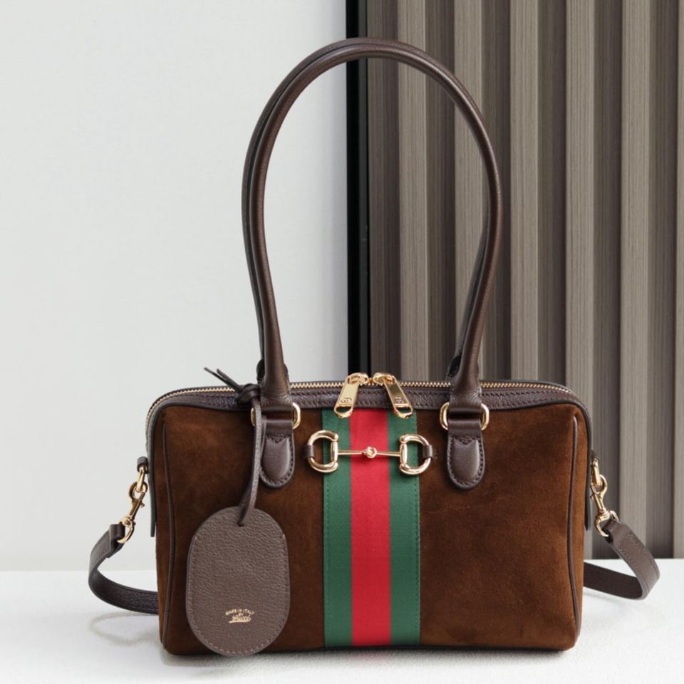 Gucci Borsetto Large Boston Bag Dark Brown Suede 38.5cm/15.2in view 3