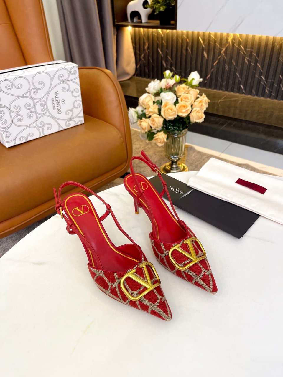 Valentino Garavani Vlogo Signature Slingback Pump In Toile Iconographe Red view 7