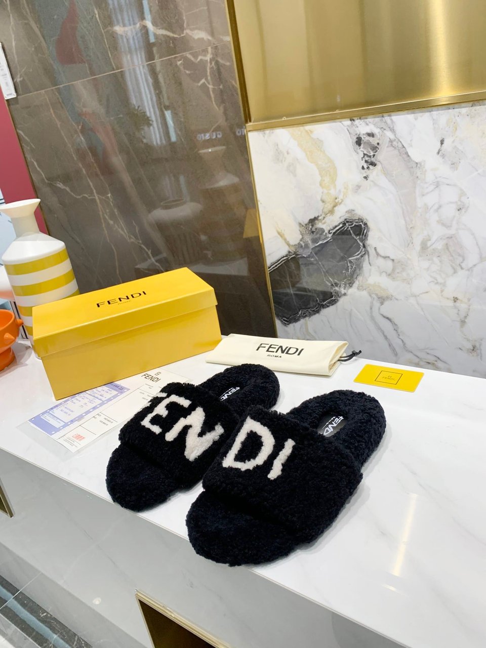 Fendi Shearling Slides Black view 5