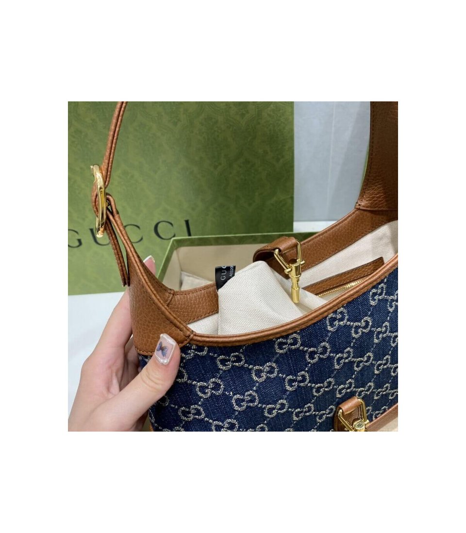 Gucci Jackie 1961 Small Shoulder Bag in Blue Jacquard Denim 28cm view 12