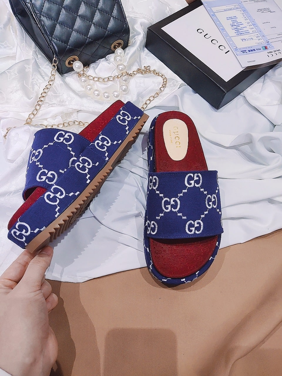 Gucci Women?S With Gg Pattern Slide Sandal Dark Blue view 3