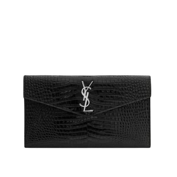 Saint Laurent Uptown Pouch In Crocodile Embossed Shiny Leather