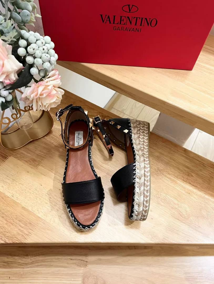 Valentino Garavani Rockstud Calfskin Flatform Espadrille Sandals view 4