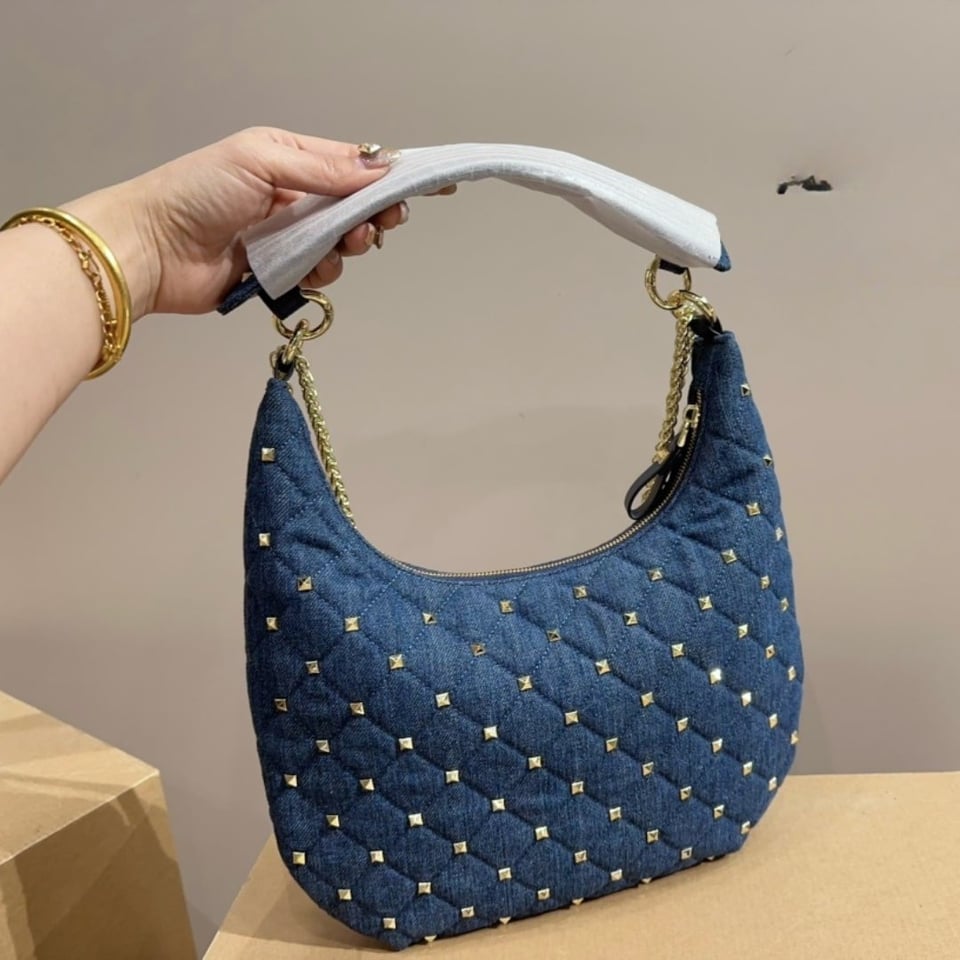 Valentino Garavani Rockstud Spike Denim Hobo Bag In Denim Blue 28Cm 3W2B0M32Bmk view 3