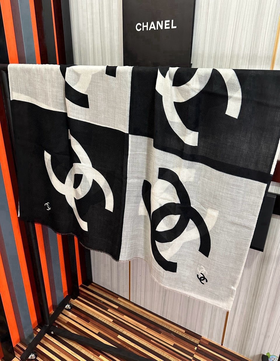 Chanel Silk Shawl CC Logo Colorblock Black – White For Women 200cm view 6