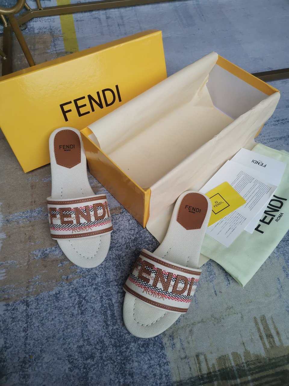 Fendi Signature Beige Canvas Slides 8R8092Ao0Xf1Lru view 6