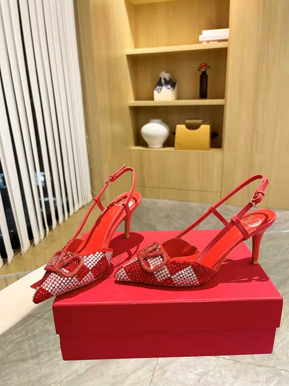 Valentino Vlogo Signature Back Strap Crystal High Heels Red view 3