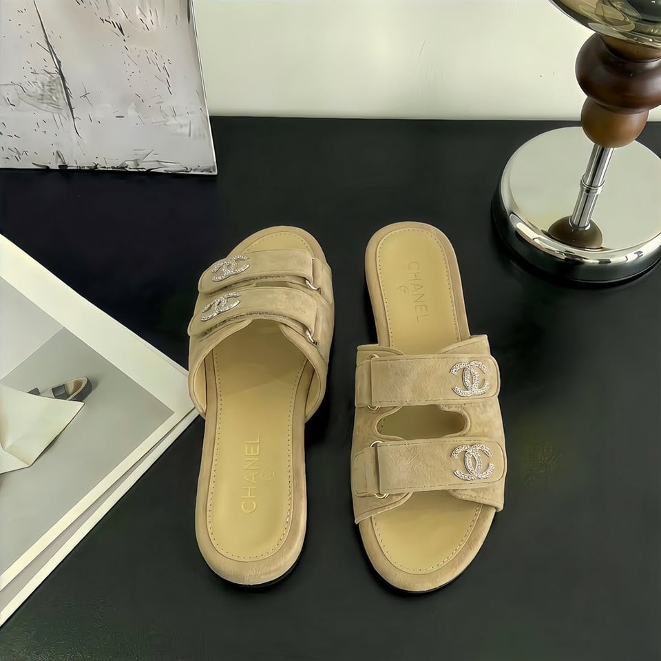 Chanel Suede Calfskin Crystal CC Double Strap Mules Beige Suede G38689 view 4