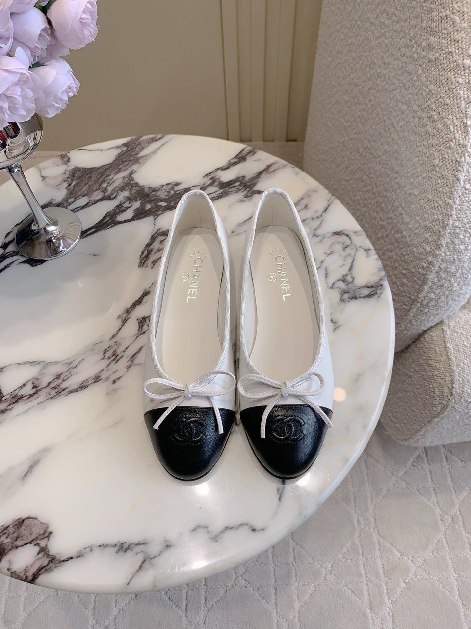 Chanel Cambon Leather Ballet Flats White For Women view 3