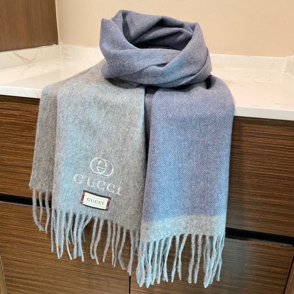 Gucci Cashmere Scarf Colorblock Gray Blue For Women 190cm view 2