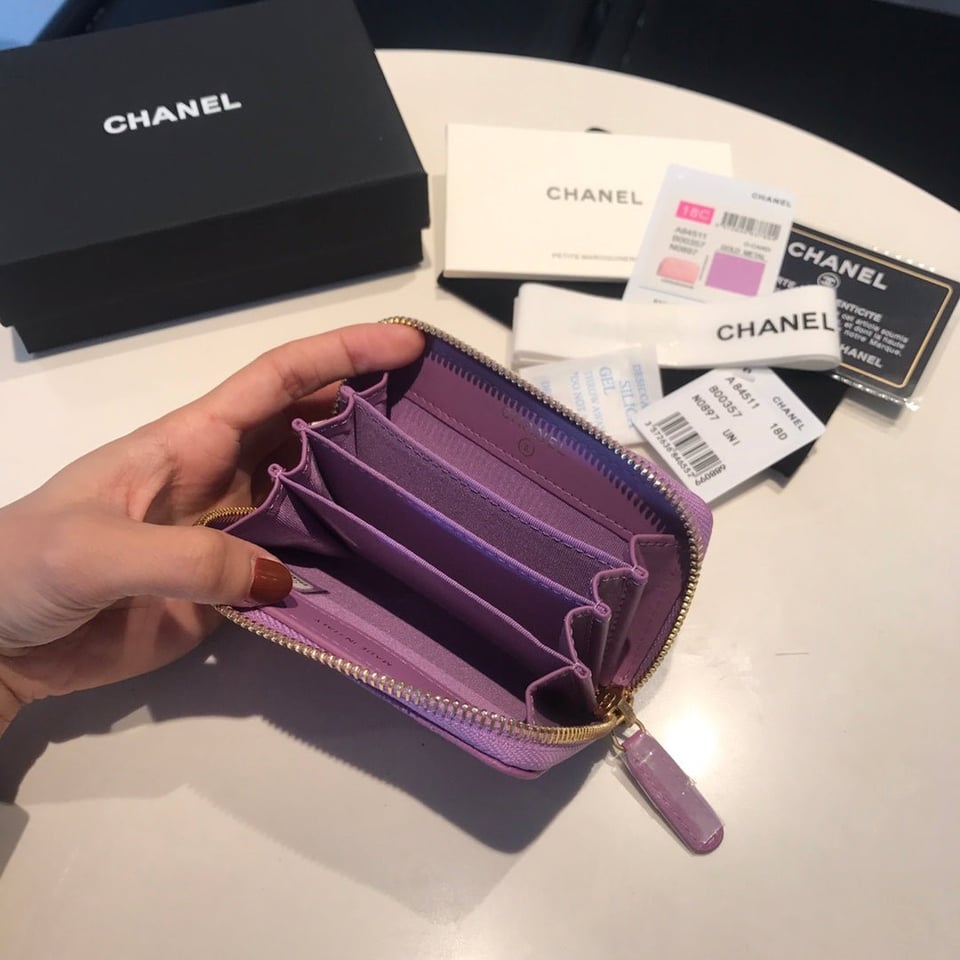 Chanel Zipped Caviar Purse 11 Purple Calfskin Gold Icon view 5