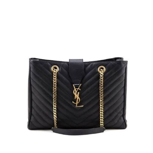 Saint Laurent Black Grain De Poudre Matelasse Chevron Monogram Shopping Bag Gold Hardware view 2