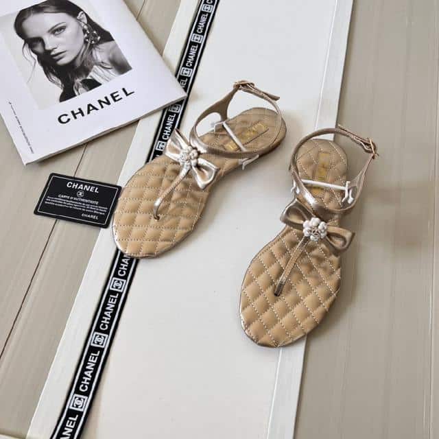 Chanel Gold Quilted Leather With White Camellia Cc Logo Bow Thong Sandals view 10