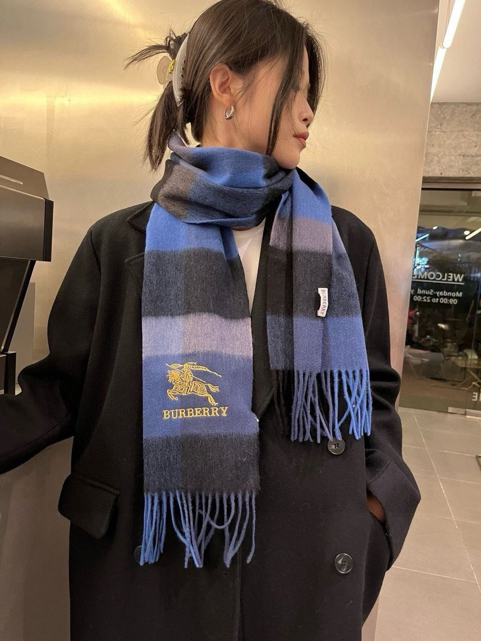 Burberry Cashmere Scarf Checkered Blue For Women 180cm view 7
