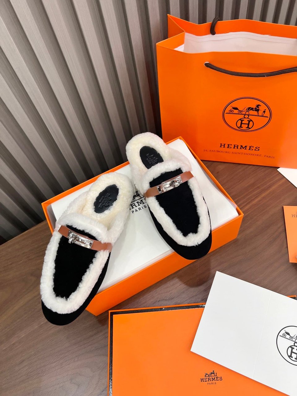 Hermes Oz Mule Shearling Black White view 4