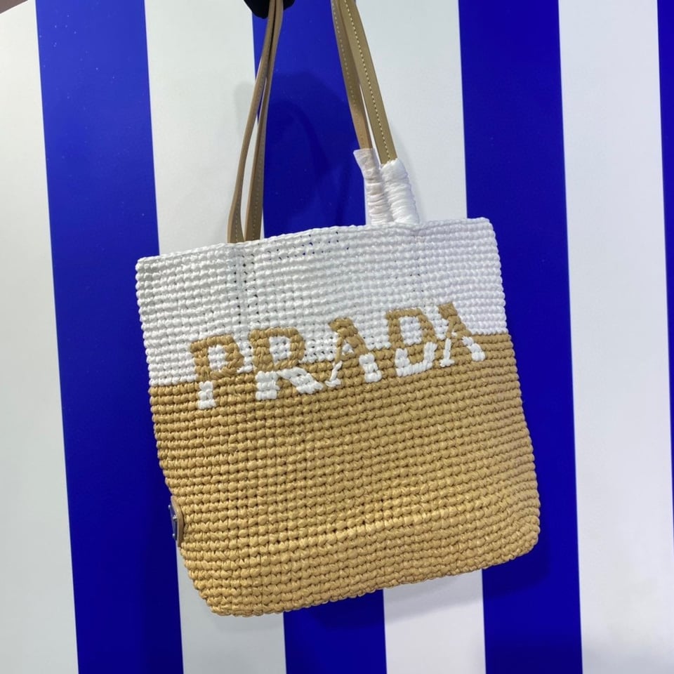 Prada Raffia Tote Bag Beige 23cm view 3