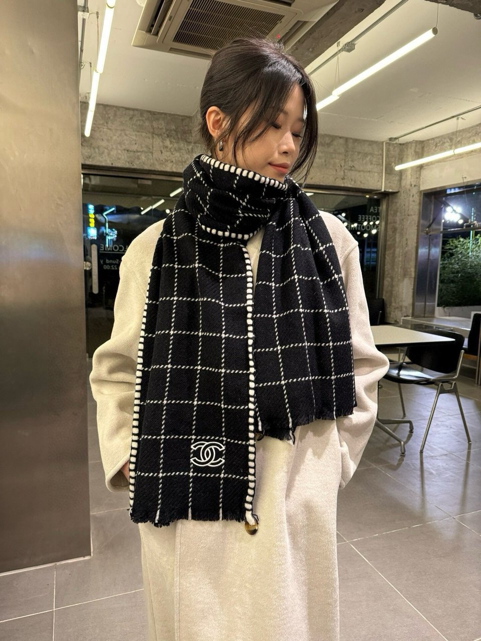 Chanel Cashmere Scarf Checkered Black For Women 185cm view 3