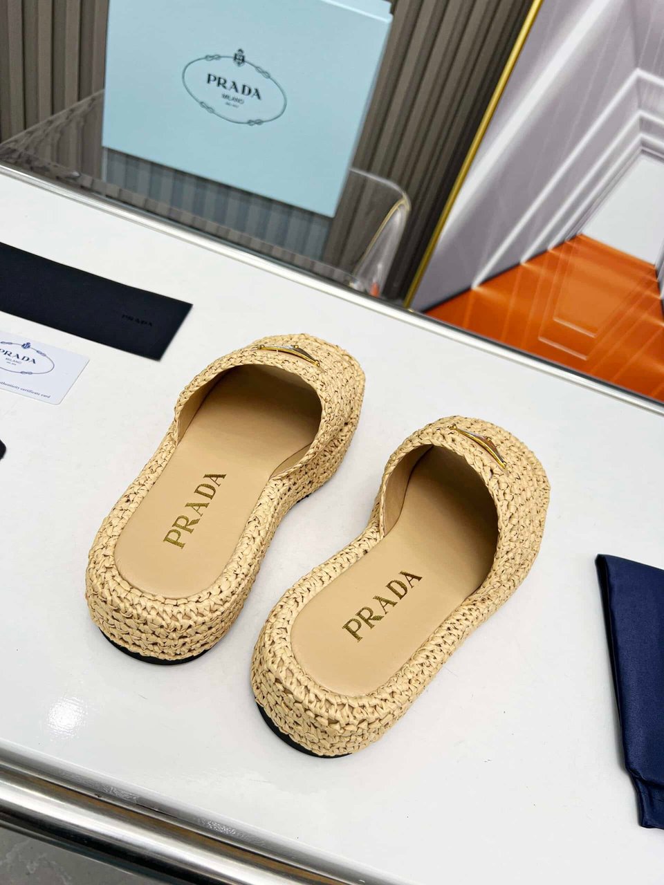 Prada Natural Crochet Platform Slides view 5