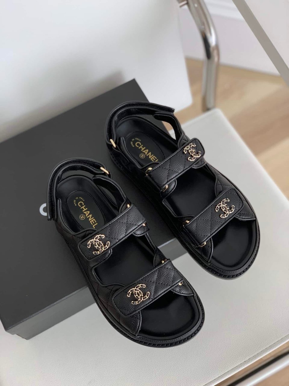 Chanel Cc Button Velcro Black Sandals Grained Calfskin Leather view 3