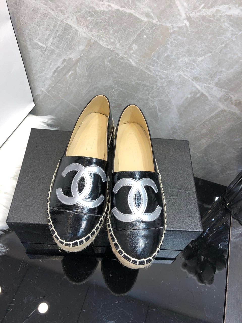 Chanel Embroidered Espadrille Leather Cap Toe Flats Black Cc view 4