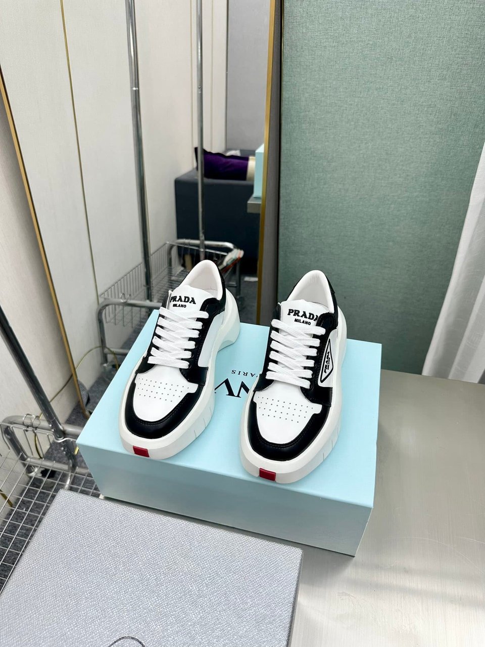 Prada Leather Platform Sneakers White And Black view 9