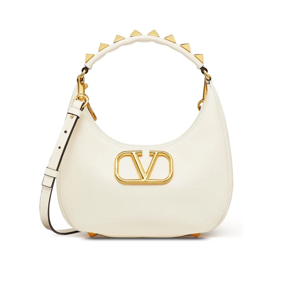 Valentino Garavani Stud Sign Calfskin Hobo Bag in Light Ivory 30cm view 2