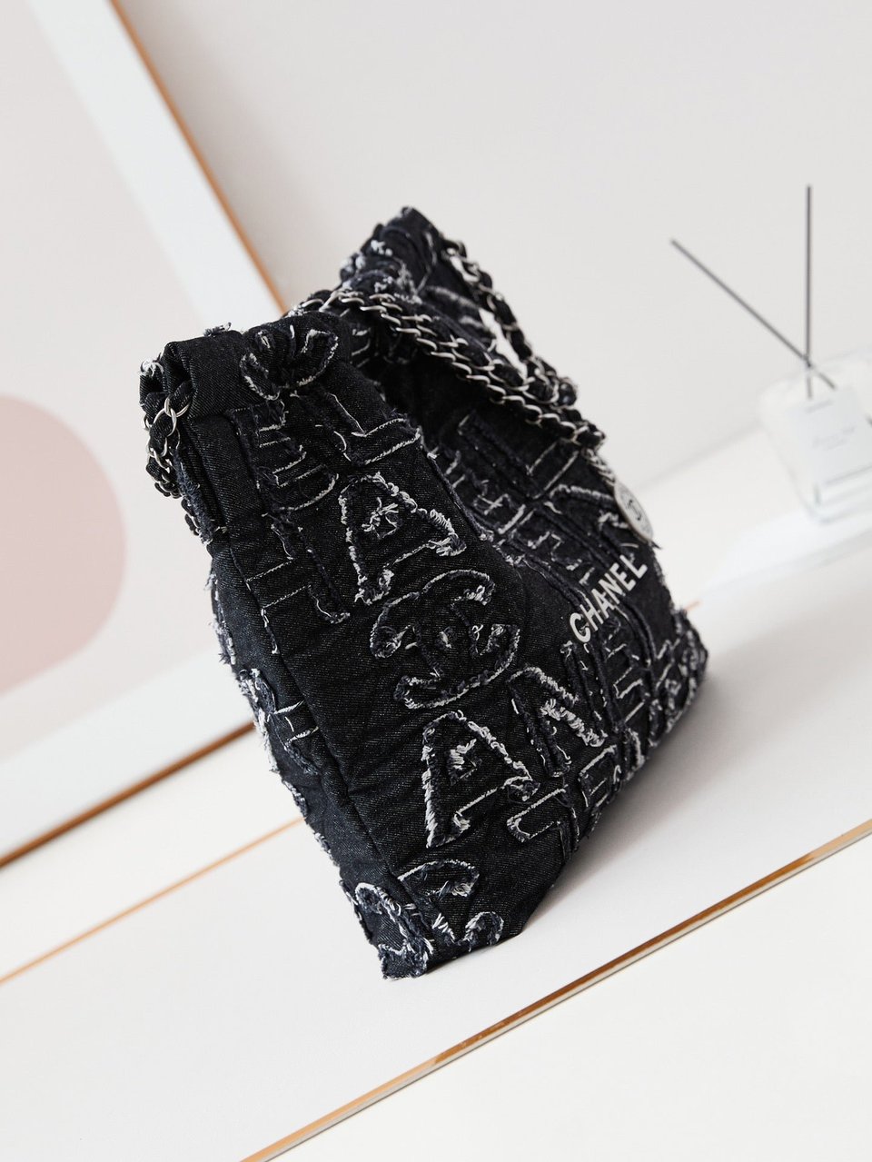 24A Chanel 22 Hobo Bag Black Denim Silver Hardware view 9