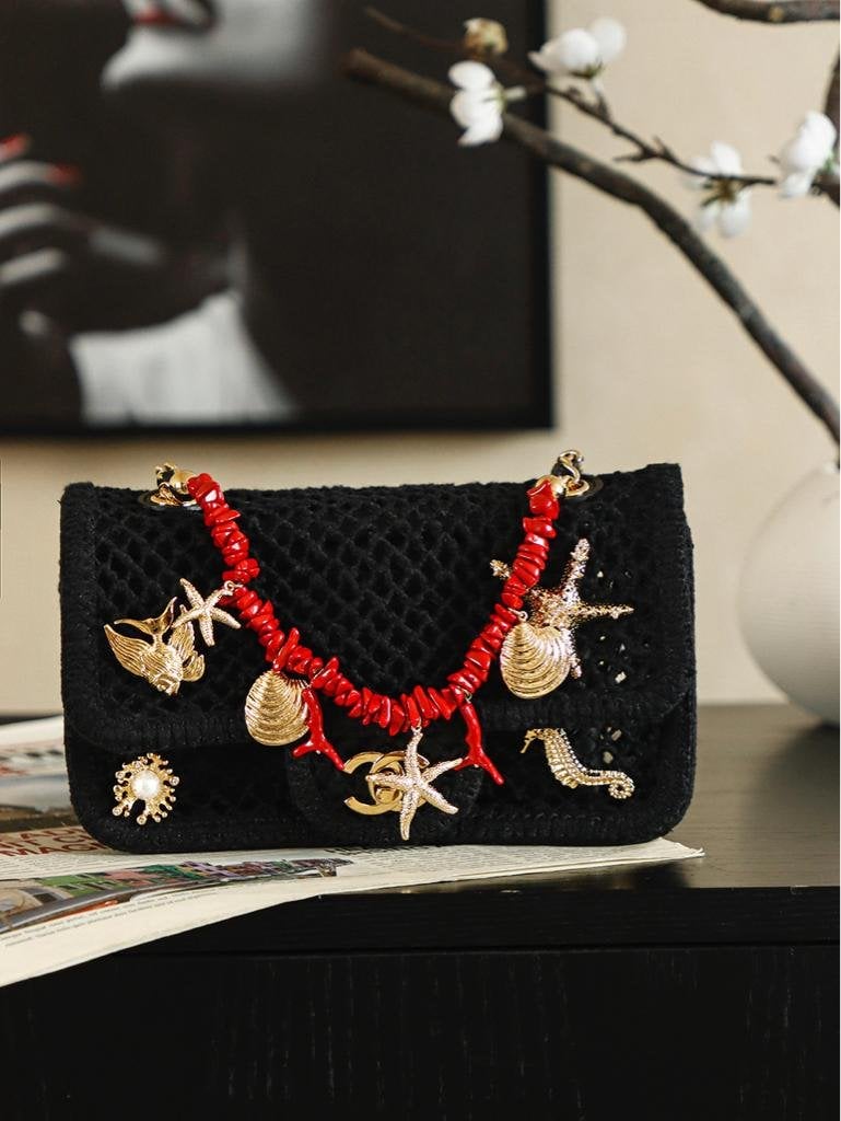 Chanel Small Flap Bag Mesh, Charms &amp; Gold-Tone Metal 21cm/8.3in Black AS6156 view 4