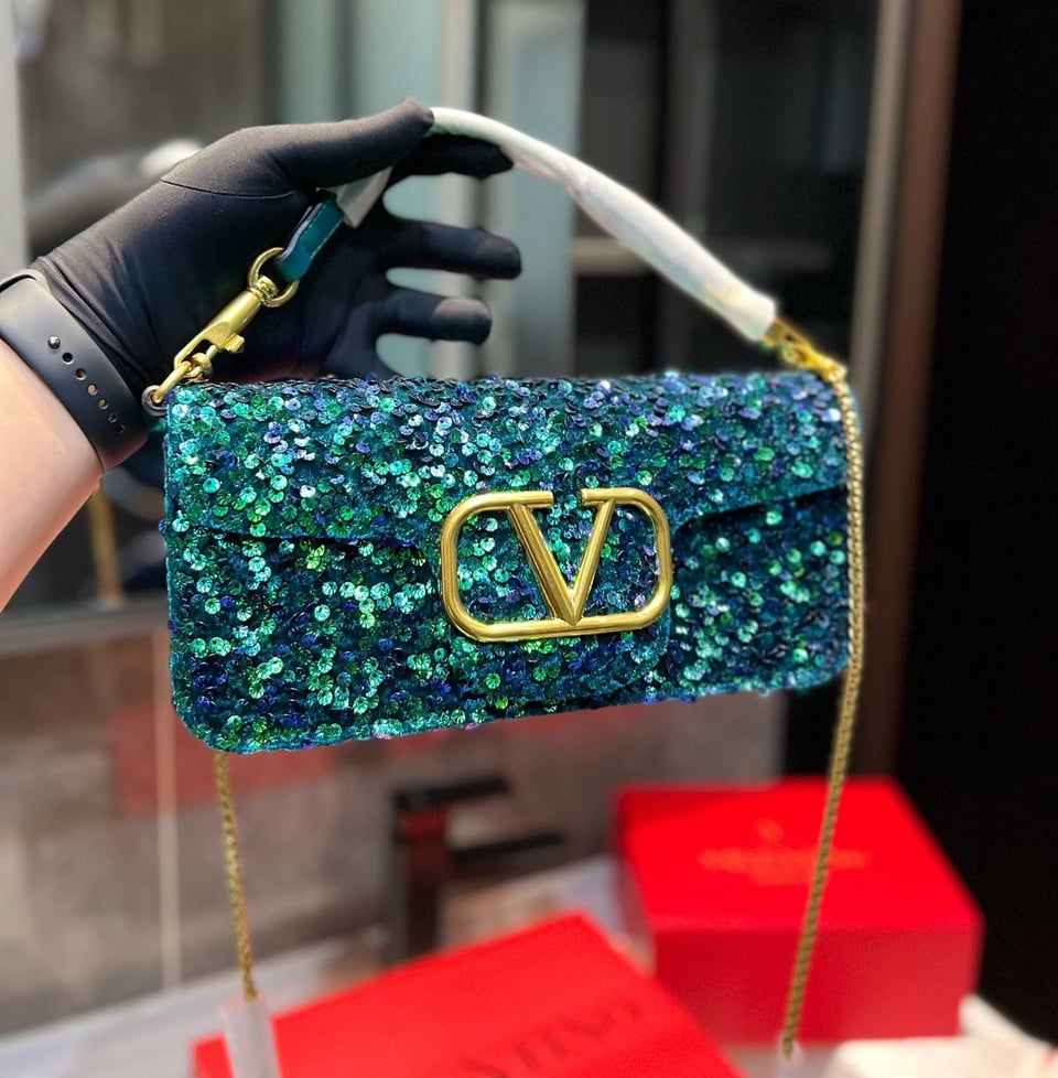 Valentino Garavani Locò Embellished Shoulder Bag Blue 28Cm view 3