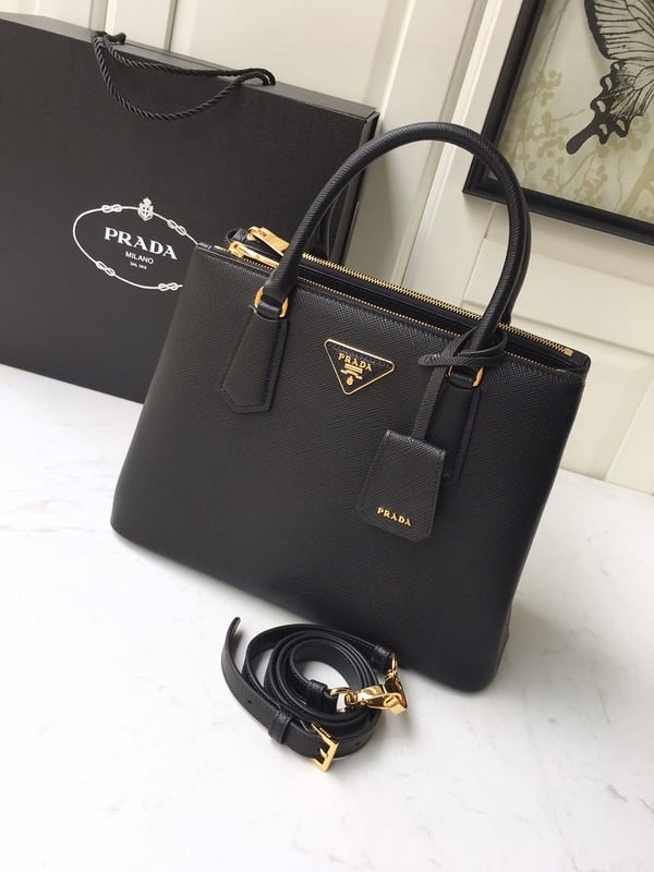 Prada Large Galleria Saffiano Leather Bag In Black view 4
