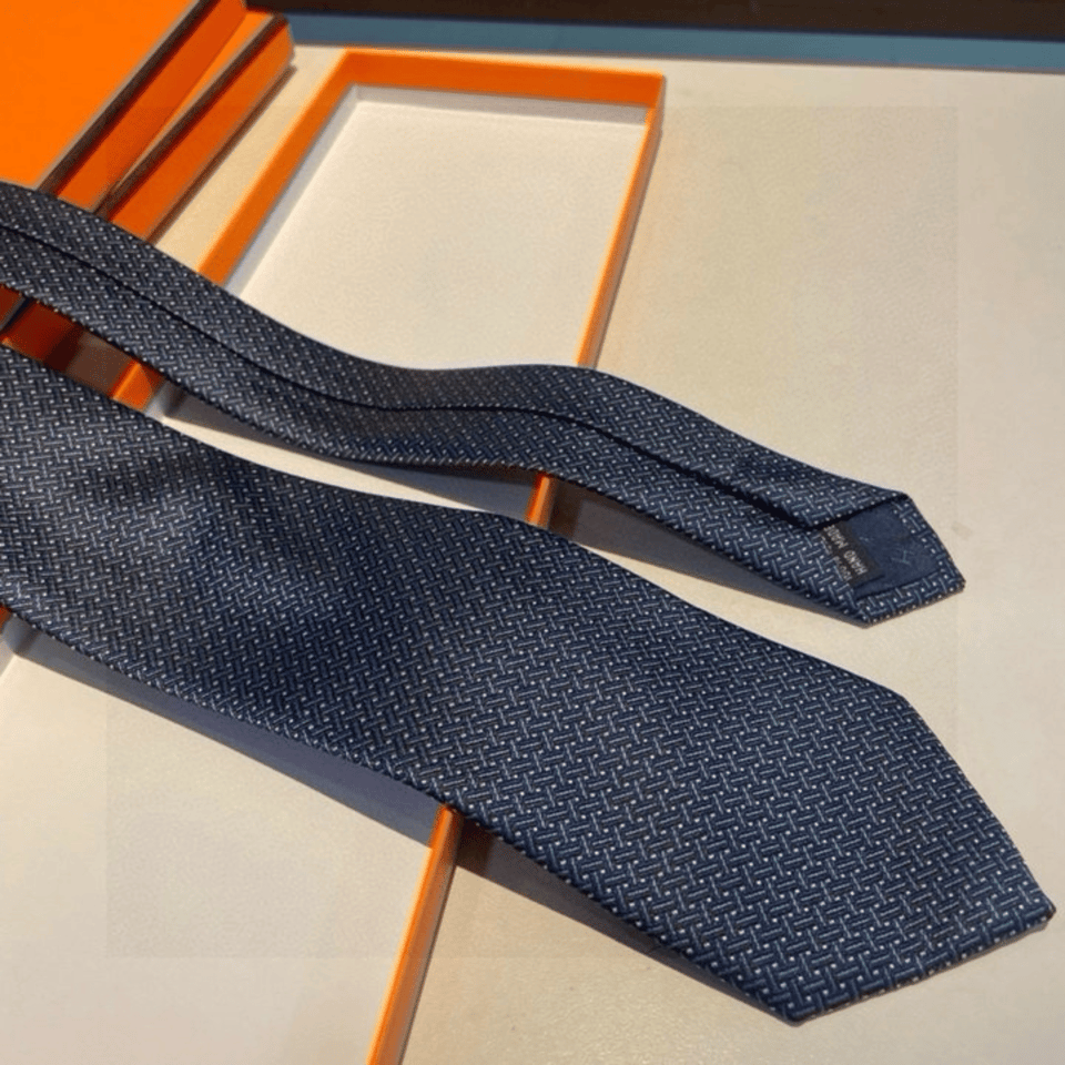 Hermes Navy Blue Grid Pattern Canvas Tie For Men view 5
