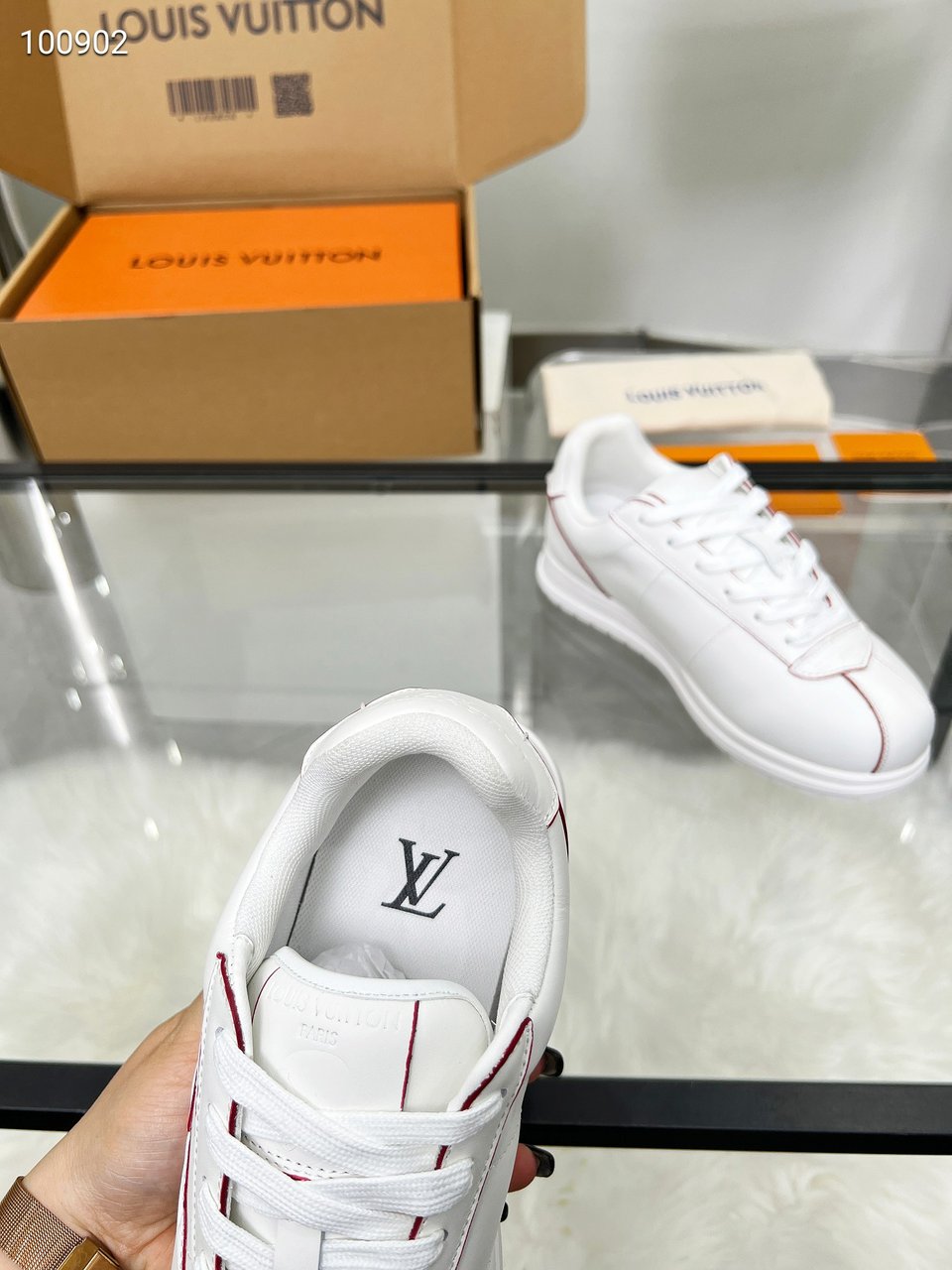 Louis Vuitton LV White Sneakers with Red Stitching – Women’s Shoes view 8