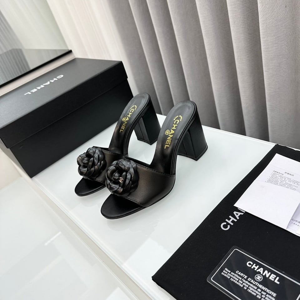 Chanel Camellia Medium Heel Slippers Black view 3