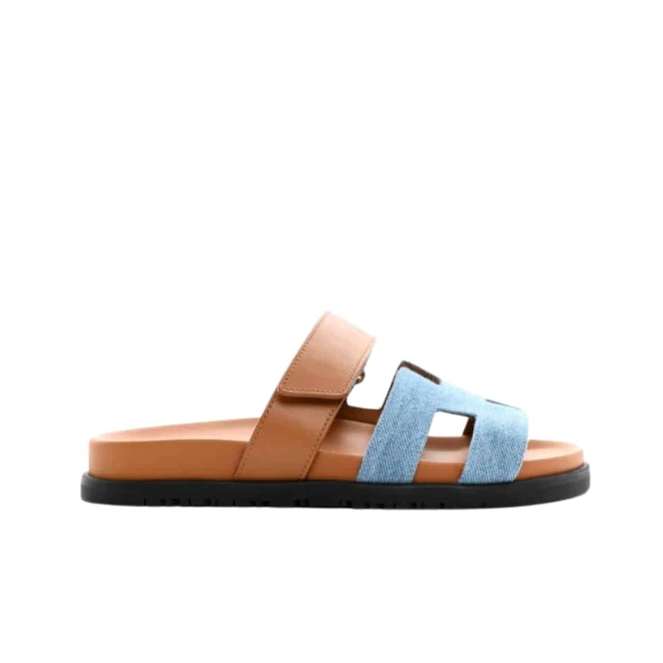 Hermes Chypre Flat Sandals Denim Brown view 2