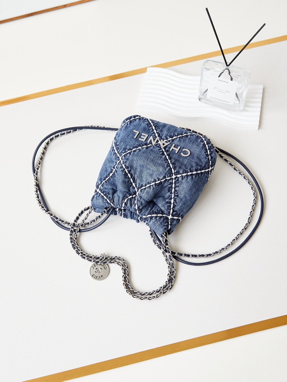 Chanel 22 Mini Backpack Stitched Blue Denim Silver Hardware view 8
