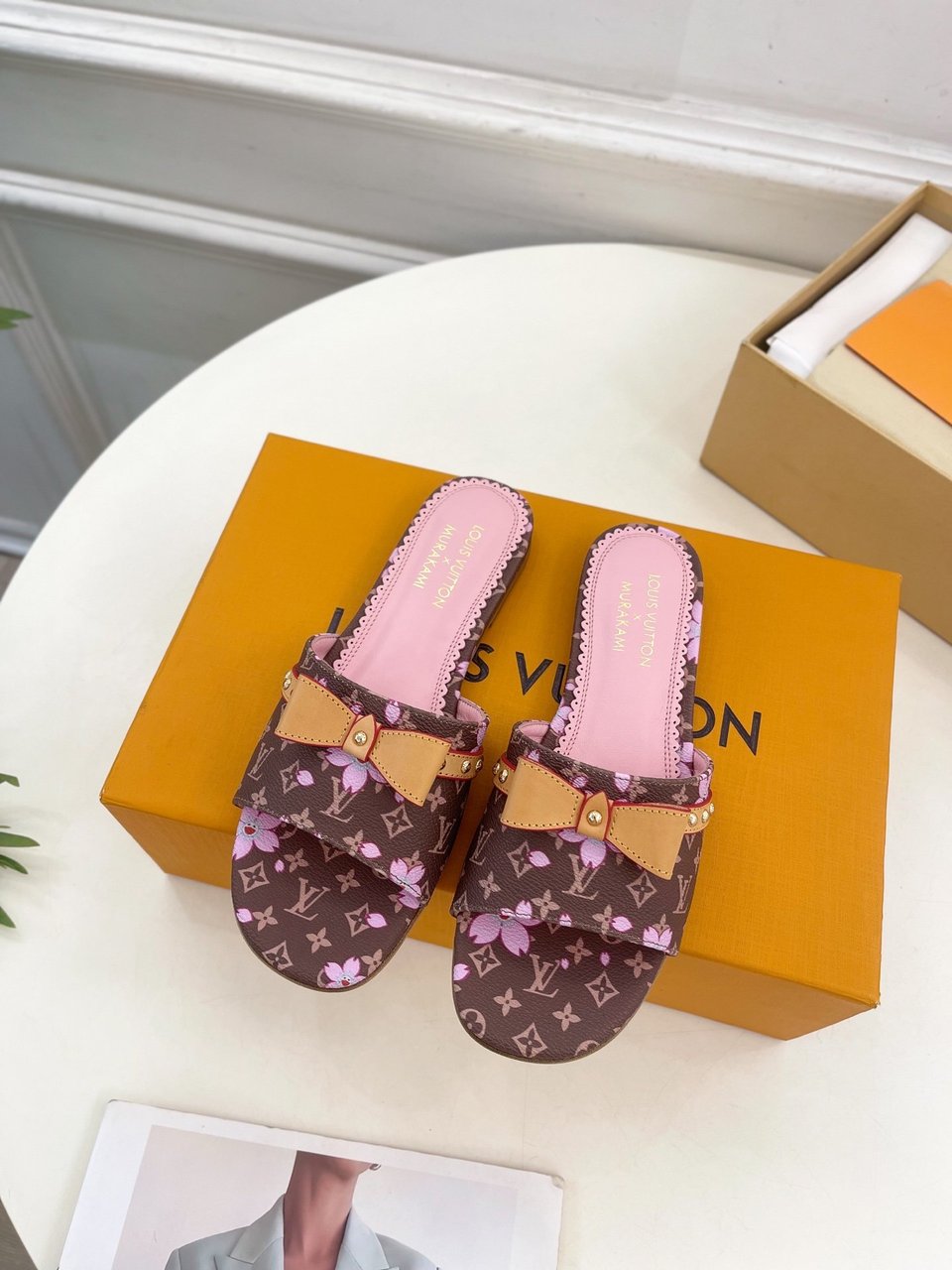 Louis Vuitton x Takashi Murakami Cherry Blossom Flat Slide Sandal Brown Monogram Canvas view 10