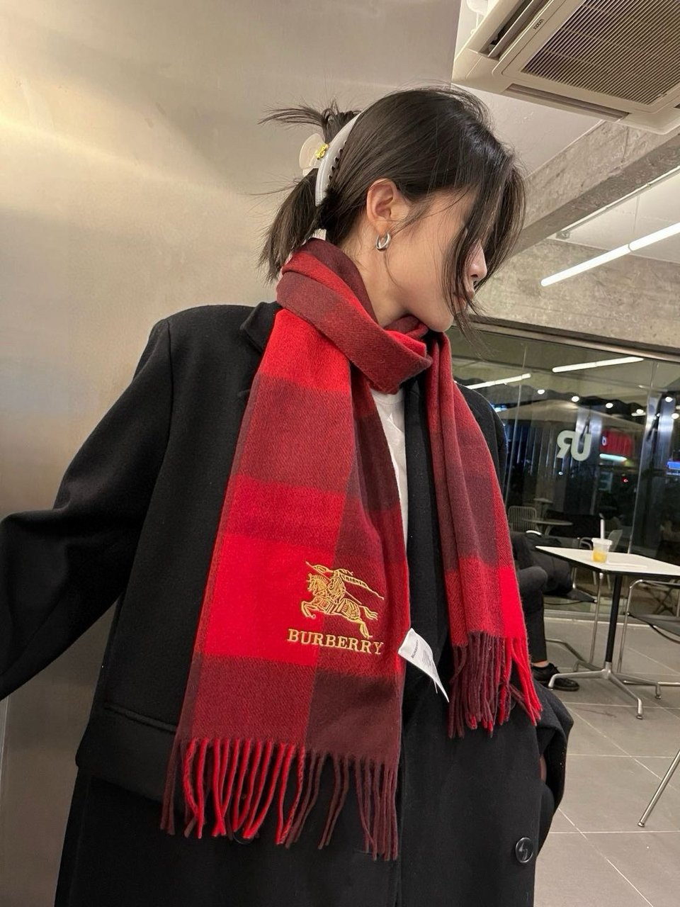 Burberry Cashmere Scarf Checkered Red For Women 180cm view 5