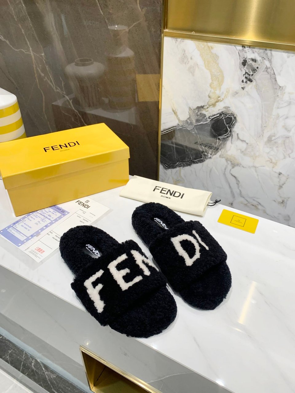 Fendi Shearling Slides Black view 4